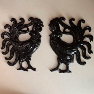 Vintage Cast Iron Black Rooster Wall Decor Set